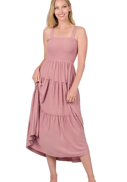 Smocked Tiered Midi Dress-Rose